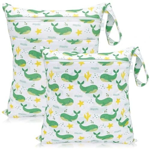 HOTLIKE Bolsa de Pañales, 2PCS Bolsa Impermeable Reutilizable para Bebe, Ropa Seca y Húmeda Organizador de Pañales, Wetbag Lavable Neceser para Viaje Playa Deporte Guardería Merienda (Ballenas)