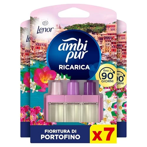 Ambi Pur 3Volution Profumatore per Ambienti, 7 Ricariche per Diffurore Elettrico, Fragranza Lenor Fioritura di Portofino, Tecnologia Elimina Odori, Fino a 90 Giorni di Profumo per Ricarica