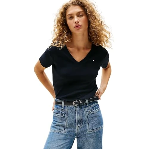 Tommy Hilfiger Women’s Short Sleeve T-Shirt New Slim Cody V-Neck, Blue (Nos Desert Sky), XXS