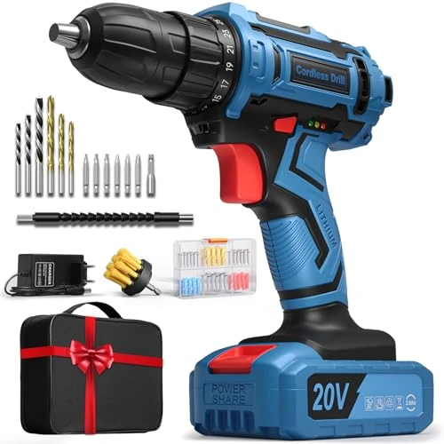 20V Cordless Drill Driver with 2.0Ah Battery, 75 Accessories, 42Nm, 25+1 Torque Settings, 2 Speed, LED Lights, Drill Driver for Home DIY