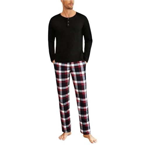 Uniexcosm Mens Pyjamas Sets Cotton Long Sleeve Nightwear Sleepwear Pj Sets Top & Plaid Pants Pyjamas for Men with Pockets Elasticated Waist Loungewear Nightwear for Home Casual Black