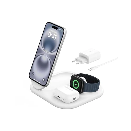 Oferta limitada: Belkin BoostCharge Cargador Magnético Plegable 3 en 1 con Qi2, 15W, Estación de Carga Rápida Compatible con MagSafe, para iPhone 17, Air, Pixelsnap, Apple Watch, AirPods, Base Antideslizante - Blanco de 59.90 EUR a 49.99 EUR (ahorro 17%)