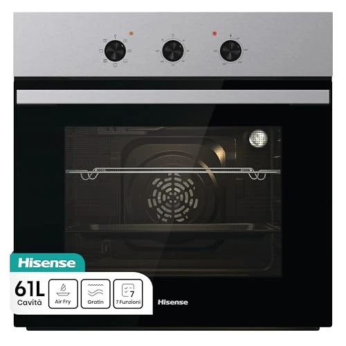 Hisense BI62120AX Horno Multibake, 3 manijas giratorias push-pull, cavidad de 61 l, 7 funciones, AcquaClean, 2 acristalamientos, función para pizza 250°, clase A