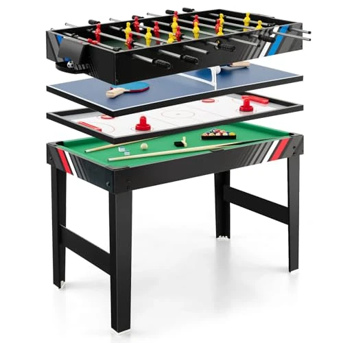 COSTWAY 4 in 1 Tavolo Multigioco, Calcio Balilla/Tavolo da Biliardo/Ping Pong/Air Hockey, Calcetto Multigioco Impilabile per Casa Feste Bar, 125x97x83 cm