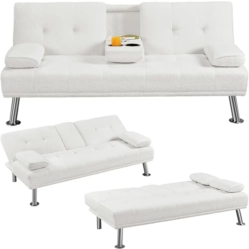 Yaheetech Sofá cama con 2 reposabrazos desmontables, sofá convertible, mueble acolchado de 3 plazas, sofá reclinable de salón con soporte central portavasos marfil/tela