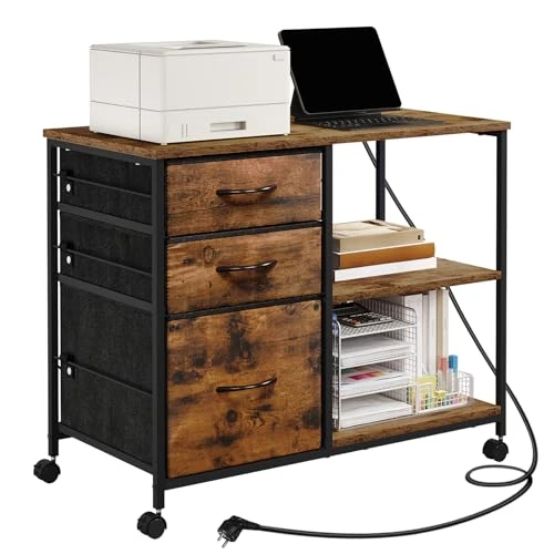 WOLTU Vintage Brown File Cabinet with Charging Station, Rolling Office Cabinet with Drawers and Open Shelves, Made of Metal and Wood, 80 x 66 x 40 cm