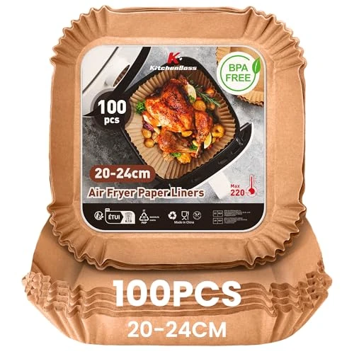 Offerta a tempo: KitchenBoss Carta Forno Per Friggitrice Ad Aria: 100 Pezzi Contenitori Fogli Per Friggitrice Ad Aria Quadrata 20-24cm, Antiaderente Usa e Getta Carta Pergamena per Air Fryer Forno Padelle Microonde - 30% da 10.99 € a 7.69 €
