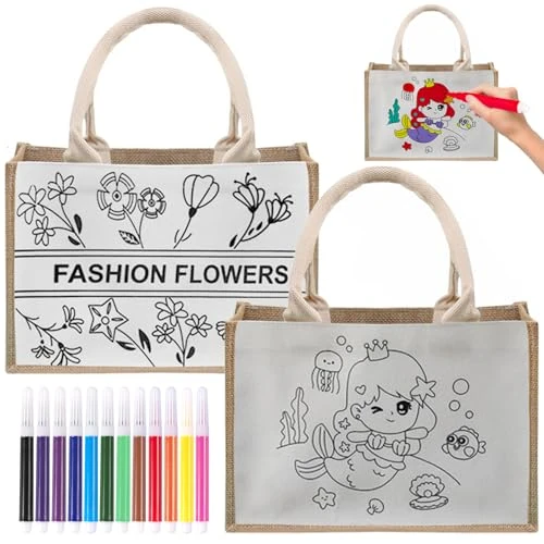 Aipeeo Taschen zum Bemalen für Kinder, 2 Stück Stoffbeutel zum Bemalen,Beutel zum Bemalen für Kinder,Satz Aquarellpinsel 12 Farben,für Kindergeburtstag Gastgeschenke, Mitbringsel, Spiele,Jutesäckchen
