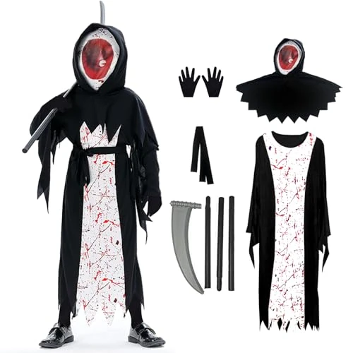 JINGTOPS Grim Reaper kostium dla dzieci, Grim Reaper na Halloween z sierpem i rękawiczkami, unisex, kostium Grim Reaper na Halloween, imprezę, dekoracja, ubranie sceniczne dla dzieci (S)