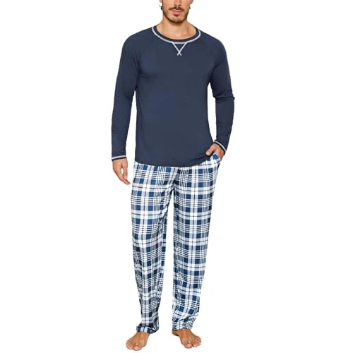 Limitiertes Angebot: Litherday Schlafanzug Herren Lang Baumwolle Pyjama Herren Zweiteiliger Nachtwäsche Set Männer Lang Rundhals mit Kariert Pyjamahose von 35.99 EUR auf 19.99 EUR (Spare 44%)
