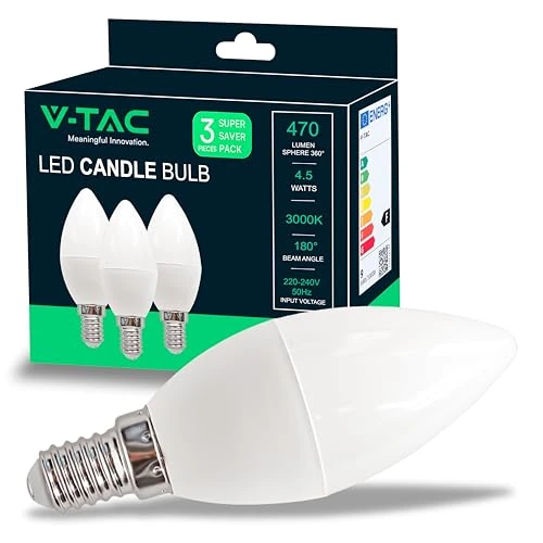 V-TAC 3x Ampoules LED Bougie E14, 4,5W (équivalent à 40W) - 470 Lumen - 3000K Blanc Chaud - Ouverture du faisceau lumineux 180° - Ampoule Led Efficacité Maximale et Économie d'Énergie - (Lot de 3)