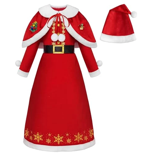 ReliBeauty Weihnachtsmann Kostüm Kinder Mädchen Weihnachtskleid Xmas Nikolaus Kostüm Weihnachtskostüm Komplett mit Hut,140
