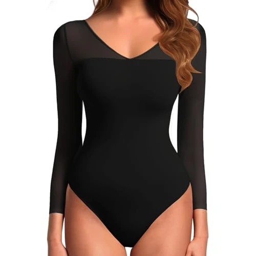 GJY Body dla kobiet, seksowne body z dekoltem w serek, z długim rękawem, dziergane, bez pleców, top damski, strój na wyjście, czarny, M