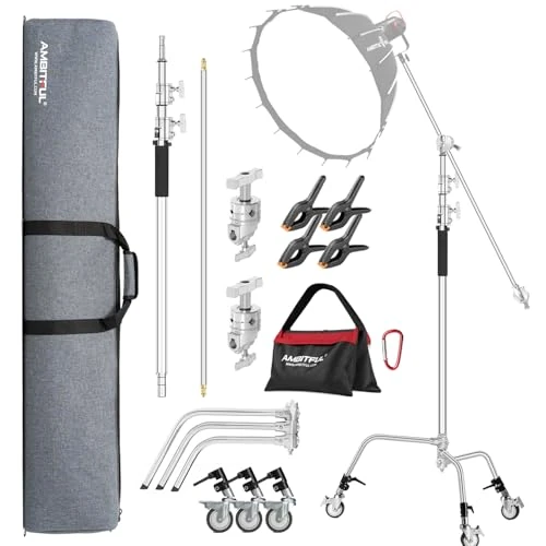 Offerta a tempo: AMBITFUL Stainless Steel Heavy Duty C Stand, 150-320 cm, regolabile con ruote per riflettori, softbox, monolight, braccio resistente (AMBITFUL C-STAND KIT + BAG + WHEELS) - 24% da 149.00 € a 112.99 €