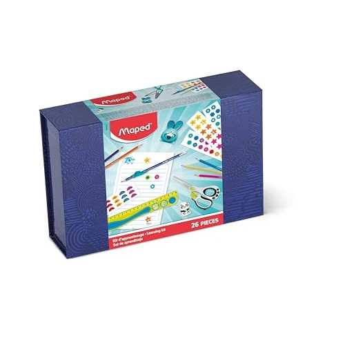 Offerta a tempo: Maped - Scatola di scrittura 26 pezzi Kidy Kit - Matite colorate, forbici, gomme, temperamatite, righello, matite e guida dito - taccuino di scrittura + 4 fogli di adesivi - 0.00% da 8.13 € a 8.13 €