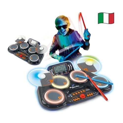 VTech Kidi DJ Drums, batería electrónica para niños con Almohadillas Luminosas, Juegos Musicales, Modo Bluetooth y micrófono Integrado, Baquetas Incluidas, Idioma Italiano, Pilas Incluidas, a Partir