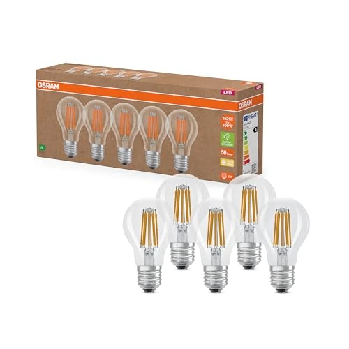 Offerta a tempo: OSRAM Lampade LED ad alta efficienza con classe di efficienza energetica A, Confezione vantaggiosa con 5 lampadine, sostituzione 100W, bianco caldo (2700K), E27,vetro a filamento - 28% da 24.99 € a 17.99 €