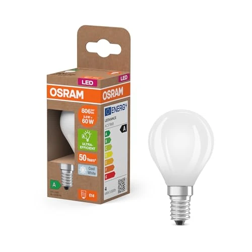 Osram de classe énergétique en forme de mini bouclassique, 3,8 W / 806 lm, EEK A, lumière blanc froid (4000 K), CRI 80, en verre dépoli sans plomb, culot E14, IP20, 45 mm DM, lot de 6