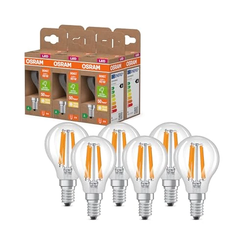 Osram Energy Class LED-Lampe in klassischer Miniballform, 3.8 W / 806 lm, EEK A, warmweißes Licht (2700 K), CRI 80, aus klarfarbenem bleifreiem Glas, E14 Sockel, IP20, 45 mm DM,6-Pack