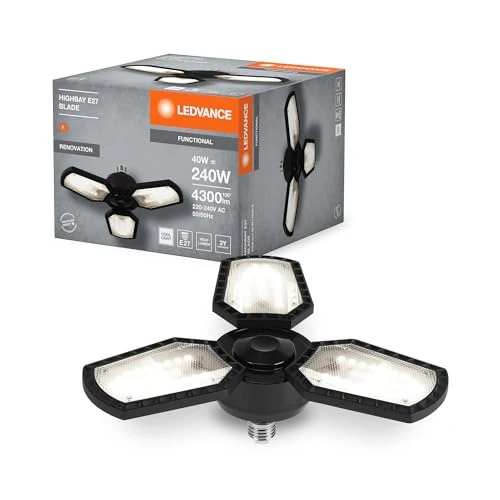 LEDVANCE Highbay Blade Deckenlampe in Schwarz, mit verstellbaren Lichtflügeln, bietet 40W bzw. 4300 lm in 840 neutralweiß mit 4000K. E27 Schraubgewinde, frosted. 337.50 mm.