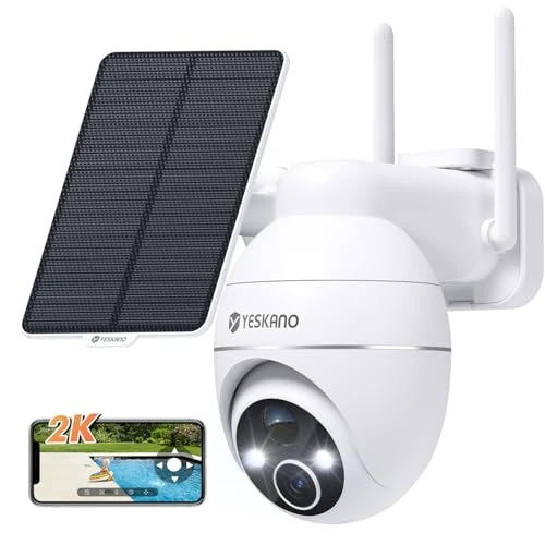 YESKANO Zewnętrzna kamera nadzorująca WiFi 360° PTZ Zewnętrzna kamera solarna bateria 2,4 GHz, kolorowy noktowizor, wykrywanie PIR, dwukierunkowy dźwięk (biały)
