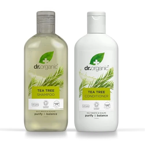 Offerta a tempo: Dr Organic Tea Tree Shampoo e Balsamo, Purificante, Radici Grasse, Naturale, Vegano, Senza Crudeltà, Senza Parabeni e SLS, Plastica Riciclabile e Riciclata dai Mari, Biologico, 265ml x2 - 25% da 11.77 € a 8.83 €