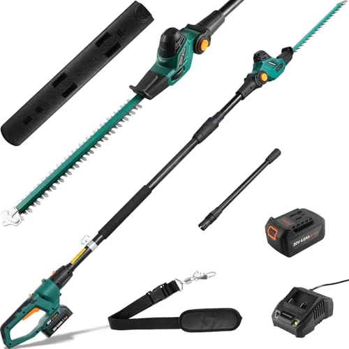 Offre limitée : Taille-haie Télescopique sans Fil, Taille-Haies sur Perche Batterie Li-ION 20 V 4 Ah/Chargeur, Longueur de Lame 45 cm, Capacité: 15mm, Poignée Principale Orientable, Tête Inclinable, 4 m de Portée de 85.49 € à 81.09 € (5% de remise)