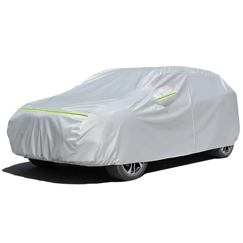 Favoto Plandeka okryciowa na samochód, pełny garaż – ochrona przed promieniowaniem UV, pyłoszczelna, odporna na zarysowania, wiatroszczelna, paski odblaskowe do hatchbacka (370-400 cm), srebrna