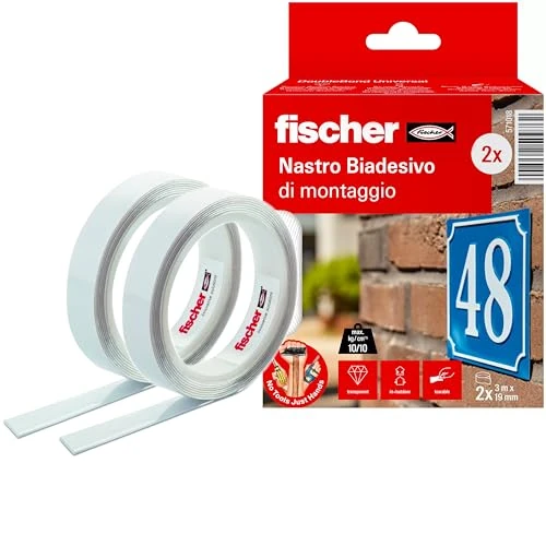 fischer Mounting Tape in Pack of 2, Double-Sided & Strong Adhesive Tape in Transparent, Easy to Use Thanks to Special Liner, Hanging No Drilling Required, for Mirrors, Pictures, Decoration, Hooks,
