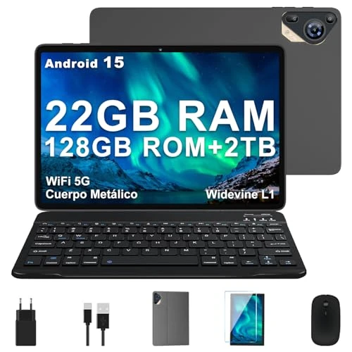 Offerta a tempo: Tablet 10 Pollici Android 15 con Gemini AI, 22GB RAM+ 128GB ROM+2TB Esp., Octa‑Core, Widevine L1, Batteria 8000mAh, WiFi 5G BT 5.0, Fotocamera 8/5 MP, Tastiera Mouse Custodia, Corpo in Metallo, Grigio - 52% da 229.99 € a 109.99 €