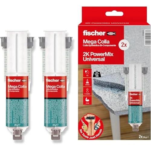 Fischer 2 Pz Mega Colla Epossidica Bicomponente PowerMix NTJH, Presa Rapida, Adesivo Trasparente per Incollare Metallo, Legno, Plastica, Vetro, Ceramica, 2 x 25 ml