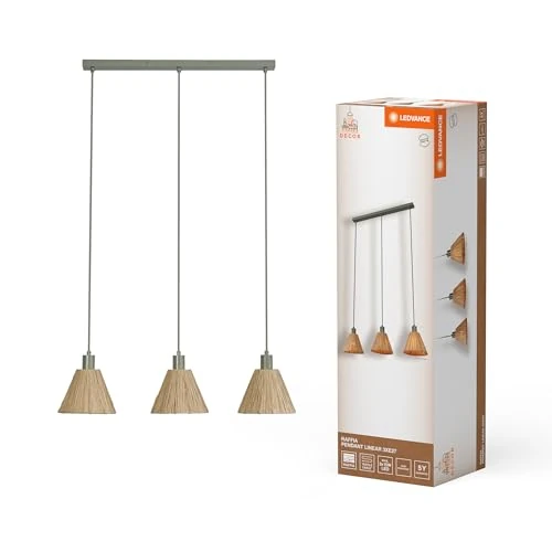 LEDVANCE à 3 lampes Decor Raffia Linear vert en raphia et métal, E27, longueur 845 mm, abat-jour en matériau recyclé, durabgrâce à une source lumineuse remplaçable, facià installer