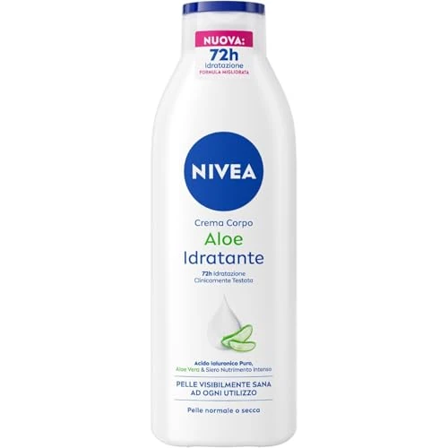 Offerta a tempo: NIVEA Crema Corpo Aloe Idratante 250 ml, Crema idratante corpo 72h arricchita con Acido Ialuronico Puro, Aloe Vera e Siero Nutrimento Intenso, Crema corpo idratante pelle secca o normale - 39% da 4.48 € a 2.72 €