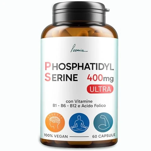 Fosfatidilserina Pura Ps 400mg Memoria Concentrazione Cortisolo Integratore con Vitamina B1 (Tiamina) B6 B12 Acido Folico 60 Capsule Poemia