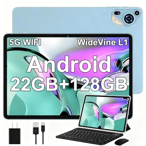 Tablet 10 Zoll Android 14 mit 22 GB RAM + 128 GB ROM (Erweiterbar auf 1 TB), 5G WLAN, GPS, Widevine L1, 2,0 GHz, Octa-Core, 8000mAh, 8MP + 5MP, 1280 x 800, Tablet mit Tastatur + Maus, Saphir Blau