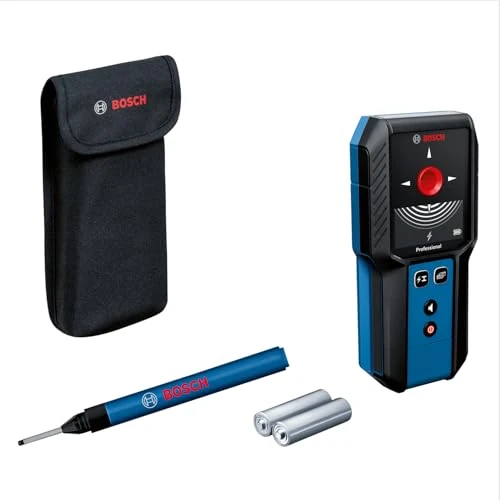 Bosch Professional: detektor GMS 120-27 (maks. głębokość detekcji metali niemagnetycznych/metali magnetycznych/przewodów pod napięciem/drewna: 120/100/50/30 mm, 2 baterie AA, marker, pokrowiec)