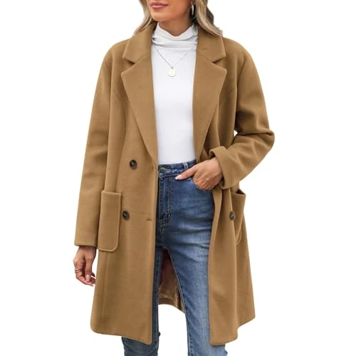 Oferta limitada: CMTOP Abrigo Mujer Lana Cuello en V Solapa Abrigos Invierno Largo Térmico Chaqueta Otoño Invierno de Lana Chaquetas Recto Doble Faz de Elegantes con Bolsillos(Camel, L) de 81.99 EUR a 35.99 EUR (ahorro 56%)