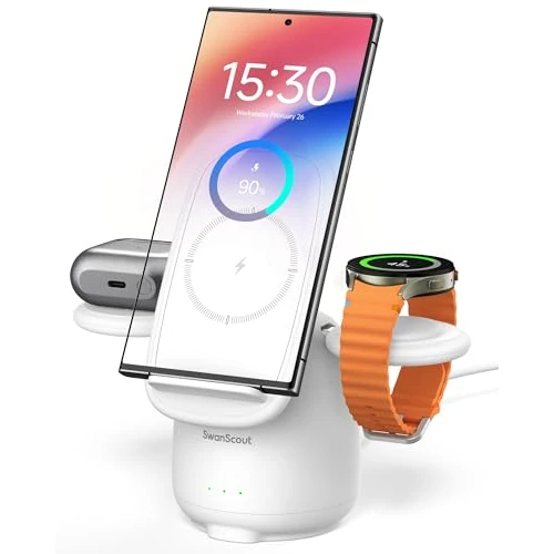SwanScout Wireless Charger for Samsung, 3 in 1 Charging Station for Samsung Galaxy S25 Ultra/S24/S23/Z Flip 7/Z Fold 7, Charger Stand for Galaxy Watch 8/Ultra/7/6/5, Galaxy Buds 3/3 Pro (White)