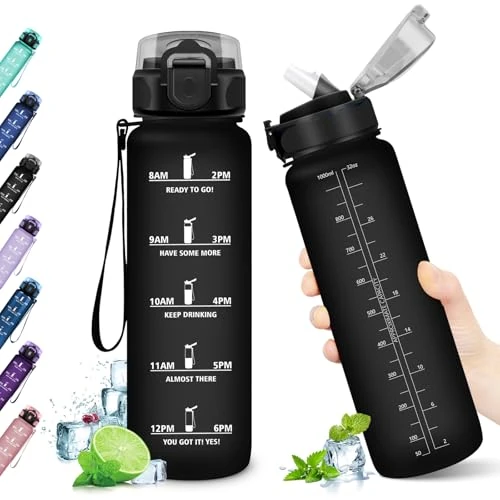 KollyKolla Drinkfles, 1 liter, waterfles met rietje, lekvrij, sportfles, motiverende drinkfles, voor volwassenen, kinderen, sport, school, fietsen, gym