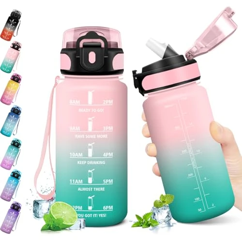 Tijdelijke aanbieding: KollyKolla Drinkfles voor kinderen, 500 ml, sportwaterfles met motiverende tijdweergave, drinkfles met rietje, 1-klik-open, waterfles voor kinderen, school, fiets, sportschool van 13.21 EUR naar 13.21 EUR (korting 0%)