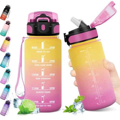 Limited offer: KollyKolla Kids Water Bottle 500 ml, Sports Water Bottle with Motivational Time Indicator, Water Bottle with Straw, 1 Click Open, Water Bottle for Children, School, Bike, Gym from 14.99 EUR to 8.63 EUR (save 42%)