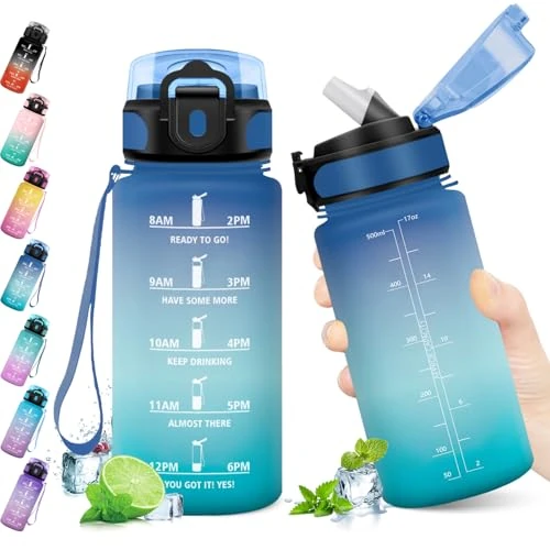 KollyKolla Borraccia Bambini 500ml, Bottiglia d'acqua Sportiva con Indicatore del Tempo Motivazionale, Borraccia con Cannuccia, 1 Clic Aperto, Borraccia Acqua per Bambini, Scuola, Bici, Palestra