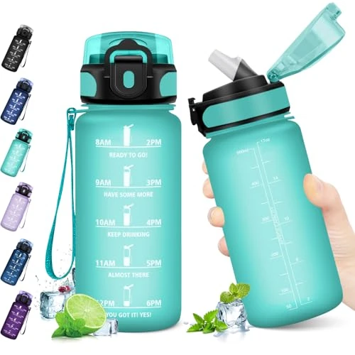KollyKolla Borraccia Bambini 500ml, Bottiglia d'acqua Sportiva con Indicatore del Tempo Motivazionale, Borraccia con Cannuccia, 1 Clic Aperto, Borraccia Acqua per Bambini, Scuola, Bici, Palestra