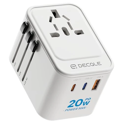 decqle Adattatore Universale da Viaggio, Presa Universale da Viaggio con 2 USB-C(PD 20W) e 1 USB-A e 1 AC, Adattatore da Viaggio Italia Inghilterra Germania America Australia e 224+ Paese(bianca)