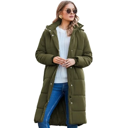 Zeagoo Women's Winter Jacket Quilted Winter Jacket Quilted Winter Coat Warm Long Coat with Hood Army Green M