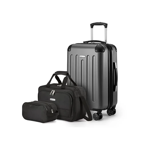 Limited-time offer: Amazon Basics Hardside Carry-On Spinner Luggage Set, 3-Piece, Carry-On Suitcase, Tote Bag, Compact Travel Bag, Expandable, 4 Spinner Wheels, Black from 44.90 £ to 37.42 £ (save 17%)