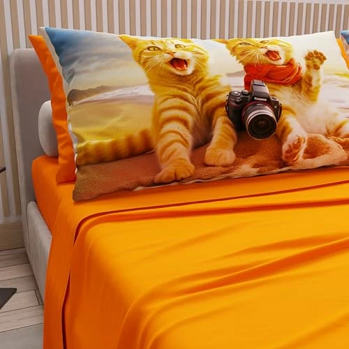 Oferta limitada: Petti Artesanos Italianos - Sábanas con Estampado de Animales y Gatos en algodón con Fundas de Almohada con Estampado Digital, Juego de sábanas Dobles, Color Naranja, 100% de 39.90 € a 39.90 € (ahorro 0.00%)