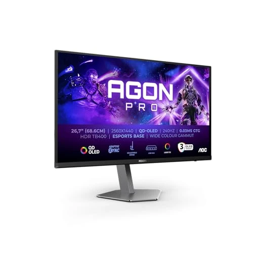 Offerta a tempo: AOC Agon PRO AG276QZD Monitor da gioco OLED QHD da 2-27 pollici, 280 Hz, 0.03 ms GtG, FreeSync Premium Pro, G-Sync comp., HDR400 2560x1440, 2X HDMI 2.1, DisplayPort, USB Hub nero - 20% da 559.00 € a 449.00 €
