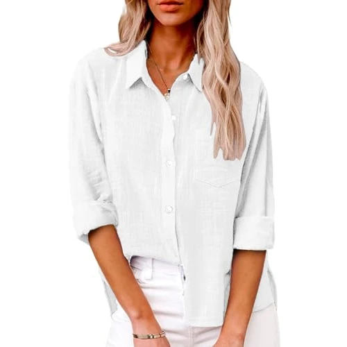 Offerta a tempo: Friptspyg Donna da Camicia Manica Lunghe Scollo a V Chiusura con Bottoni 100% Cotone Casual Blusa con Tasca vestibilità Ampia Versatile per L'Estate, Bianco L - 53% da 31.99 € a 14.99 €