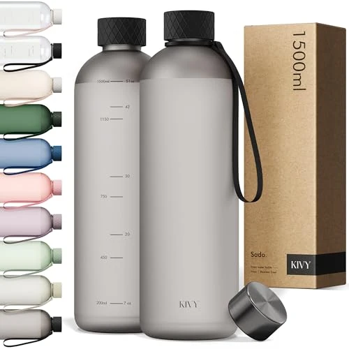 Offerta a tempo: KIVY Borraccia grande da 1,5 l, leggera e infrangibile, adatta a zaino e portabicchieri per viaggi, sport, scuola, borraccia nera senza cannuccia, bottiglie d'acqua da 1,5 litri, bottiglia d'acqua da - 35% da 30.99 € a 20.11 €